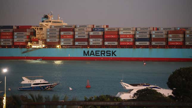 A Maersk ship loaded with containers in the Suez Canal.