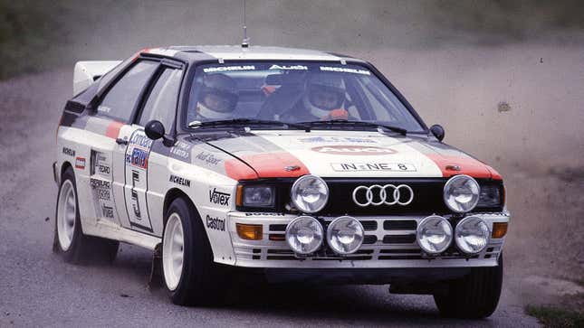 Michele Mouton and Fabrizia Pons race an Audi rally car. 