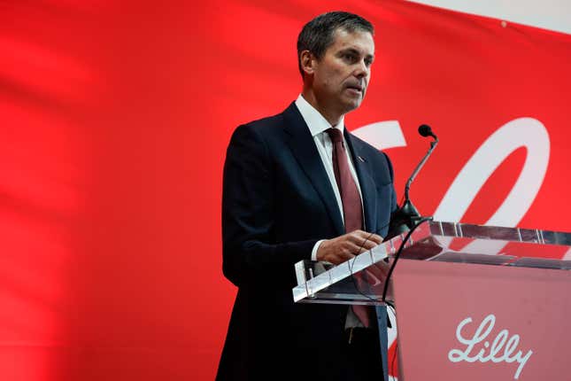 David Ricks, chief executive officer of Eli Lilly &amp; Co., speaks during a presentation at the company’s manufacturing plant in Limerick, Ireland, on Thursday, Sept. 12, 2024. 