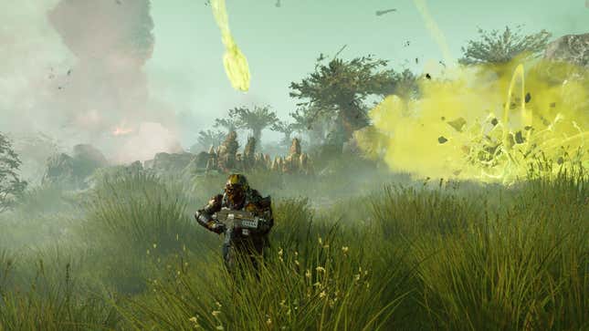 A screenshot of a Helldivers 2 player running away from an area being bombarded.