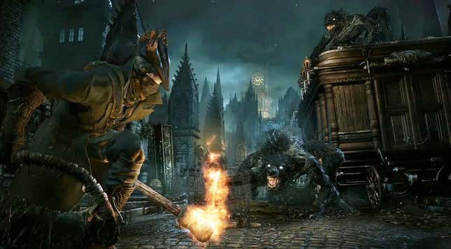 A screenshot of Bloodborne showing the player character wielding a torch against a wolflike beast.