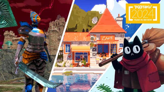 Art shows a low-poly warrior, pixel art house, and cat janitor. 