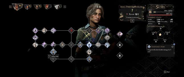 A screenshot shows Sciel's skill tree.