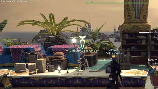 A player character in Final Fantasy XIV talks to a shopkeeper.