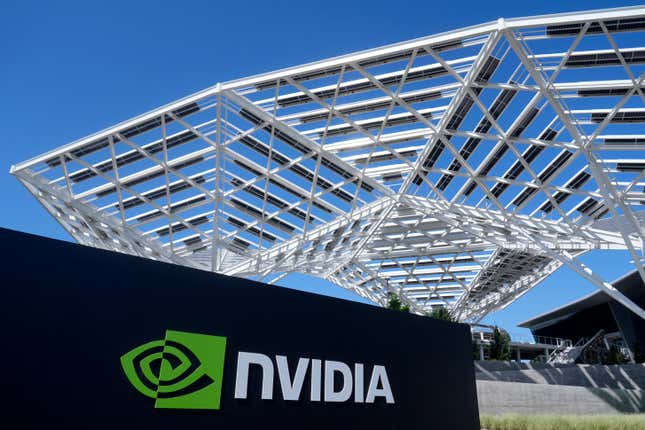 sign for a Nvidia office building under a white, web-like metal structure