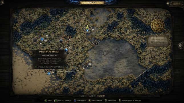 Sandswept Marshes on the Act 3 zone map in Path of Exile 2.