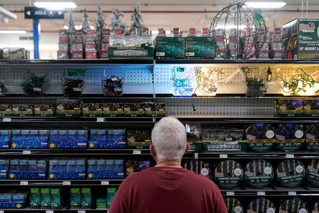 A customer browses the holiday lights section at Blackhawk Hardware, Wednesday, Nov. 1, 2023, in Charlotte, N.C. On Wednesday, the Commerce Department releases U.S. retail sales data for October. (AP Photo/Erik Verduzco)