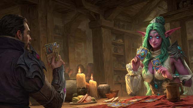 Two characters play cards in alleged AI art.