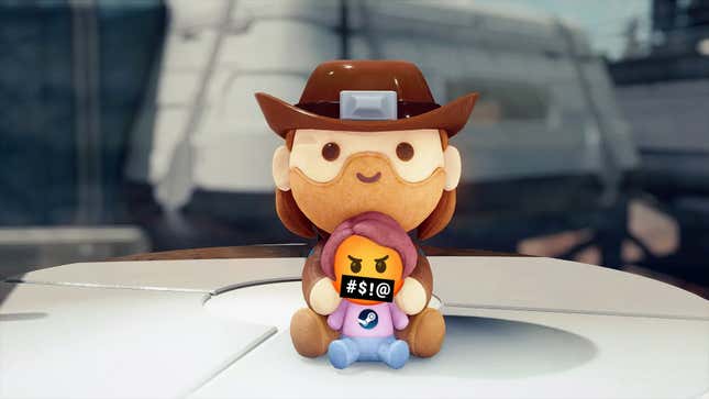 A plushie of Sam holds a plushie of his daughter who has a cursing emoji face superimposed on her.