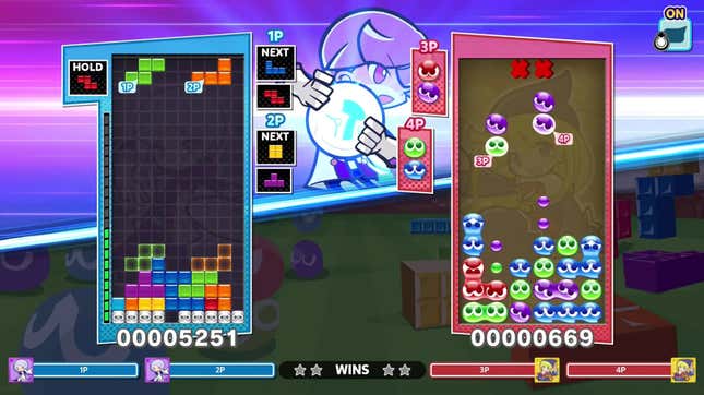 Two characters play a unique version of Tetris.