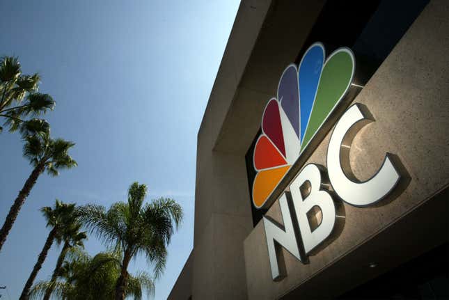 The NBC peacock logo is seen on the NBC studios building in Burbank, California. 