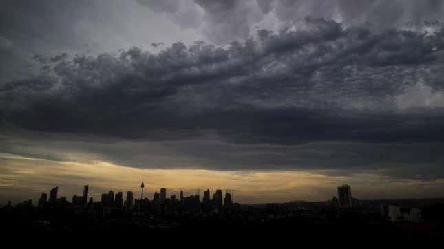 Clouds are seen over the Sydney skyline as a cool change moves in on November 29, 2020, in Sydney, Australia.