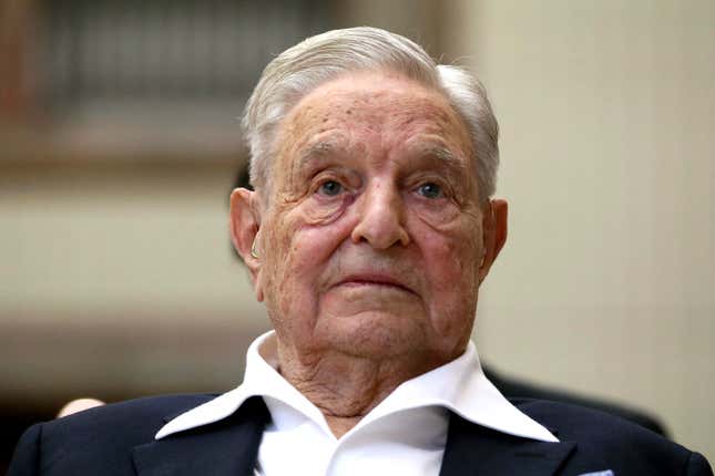 FILE - George Soros, Founder and Chairman of the Open Society Foundations, looks before the Joseph A. Schumpeter award ceremony in Vienna, Austria, Friday, June 21, 2019. The major philanthropy, Open Society Foundations, has committed $50 million to increase civic engagement among women and youth over the next three years as part of its strategy to support democracy in the U.S. (AP Photo/Ronald Zak, File)