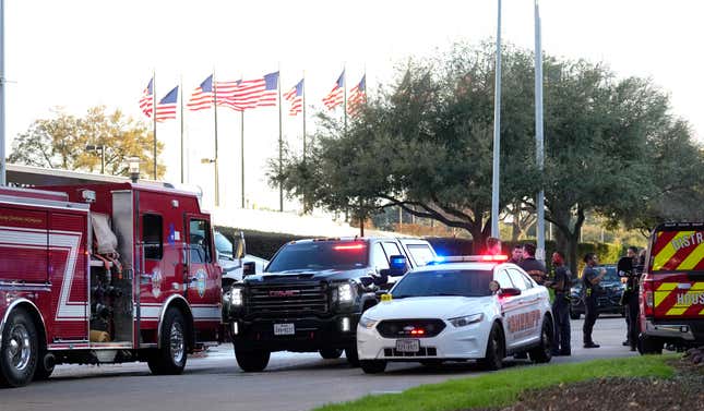 HOUSTON, TEXAS - FEBRUARY 11: Houston Police and Harris County Sheriffs officers outside of Lakewood Church on Sunday, Feb. 11, 2024, in Houston, after a reported shooting during a Spanish church service. 