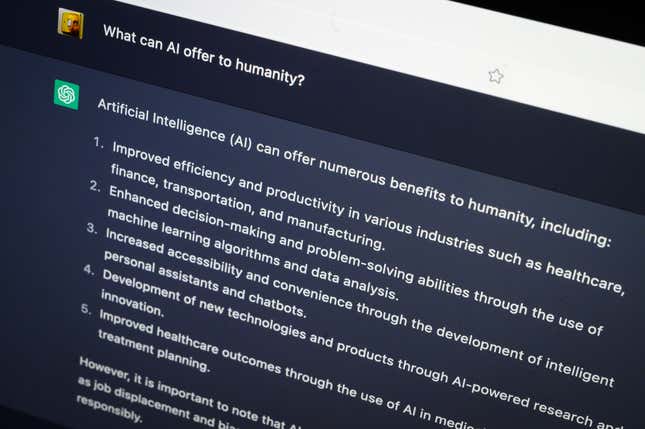 OpenAI "ChatGPT" AI-generated answer to the question "What can AI offer to humanity?" is seen on a laptop screen