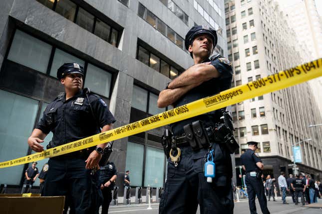 NEW YORK, NY - AUGUST 16: NYPD officers work the scene where there were reports of a suspicious package near the Fulton Street subway station in Lower Manhattan on August 16, 2019, in New York City. The New York City Police Department has given the all-clear after two suspicious devices were found at the Fulton Street subway station in Lower Manhattan and a third in the Chelsea neighborhood on Friday morning.