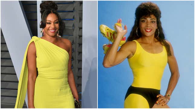 (G-)Tiffany Haddish assiste à la soirée des Oscars Vanity Fair 2018 le 4 mars 2018 à Beverly Hills, en Californie ; Florence Griffith Joyner pose pour une photo en 1988.
