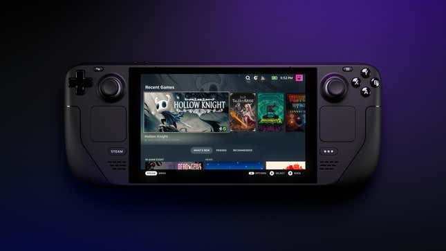 A promotional image showing the LCD Steam Deck's interface. You can see games such as Hollow Knight, Tales of Arise, Psychonauts 2, and Tetris effect onscreen.