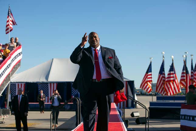WILMINGTON, NC - SEPTEMBER 23: Mark Robinson, lieutenant governor of North Carolina, is seen during a Save America rally for former President Donald Trump at the Aero Center Wilmington on September 23, 2022 in Wilmington, North Carolina. The “Save America” rally was a continuation of Donald Trump’s effort to advance the Republican agenda by energizing voters and highlighting candidates and causes.