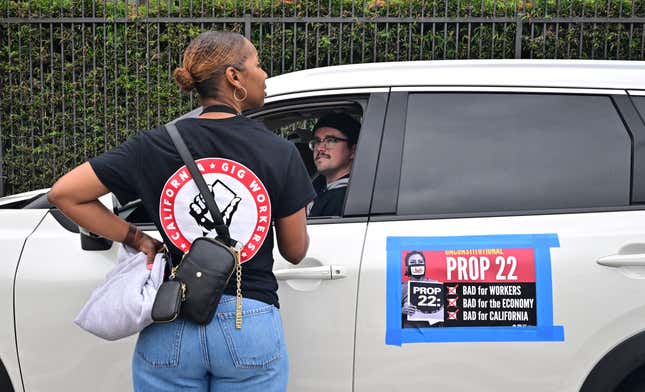 “Gig economy’” drivers from the California Gig Workers Union get ready for departure to San Francisco for a planned rally against Prop 22 on May 20, 2024.