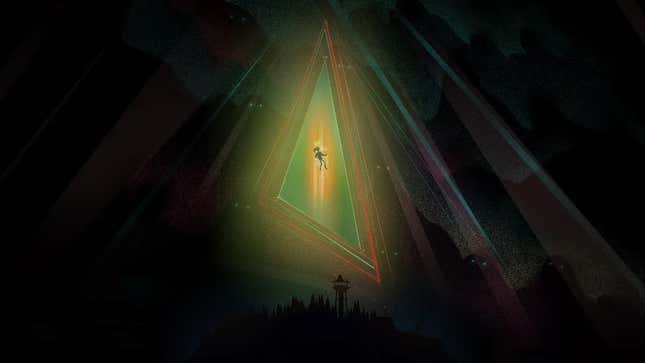 Key artwork of Oxenfree showing the protagonist Alex hovering in front of an otherworldly triangular portal in the sky. In the dark behind it, you can make out pairs of eyes glowering.