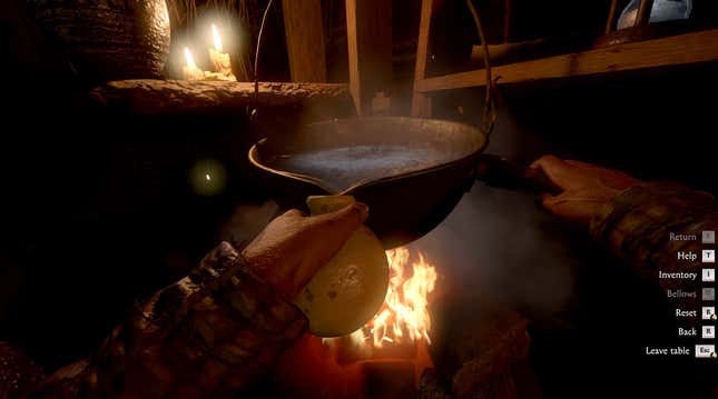 A point-of-view shot shows hands holding a pot of liquid and pouring it into a flask in an image of KCD2's alchemy process.