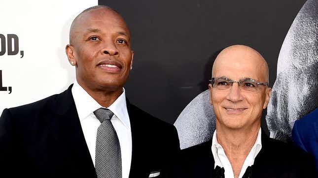 Producers Dr. Dre (L) and Jimmy Iovine arrive at the premiere screening of HBO’s “The Defiant Ones” at Paramount Studios on June 22, 2017 in Los Angeles, California. 