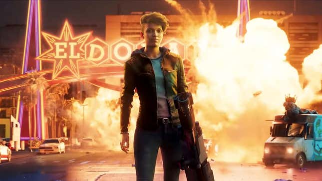 The Boss from the new Saints Row reboot stands in front of a colorful explosion.