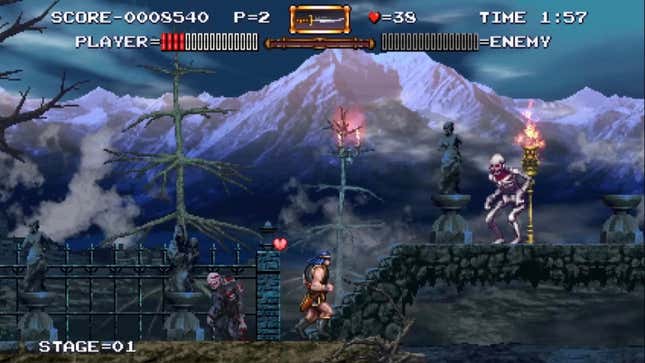 Simon Belmont melangkah melewati hantu dan menuju kerangka dalam permainan arcade berpiksel dengan gunung bersalju di latar belakang.