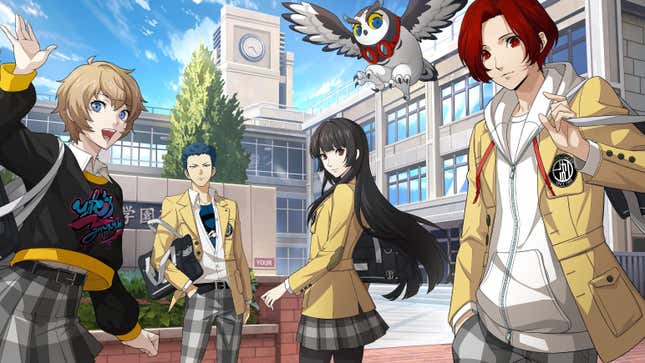 The cast of Persona 5: The Phantom X stands in front of a school.