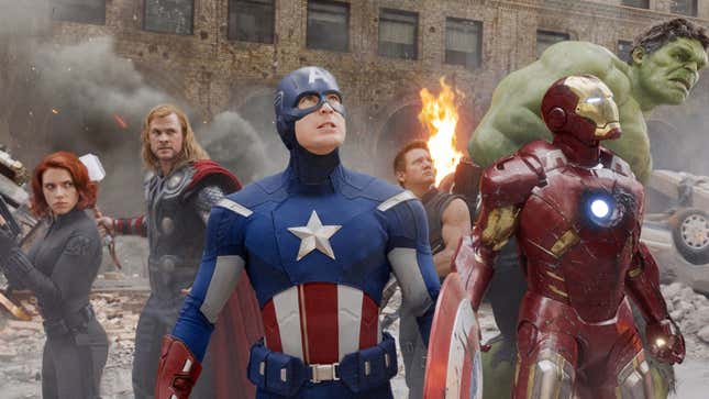 The Avengers, all staring up at some incoming danger.