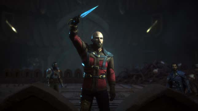 Rook holds up a lyrium dagger.