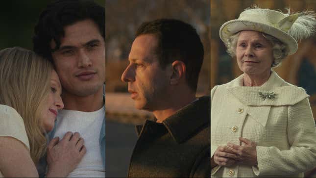 Julianne Moore and Charles Melton in May December, Jeremy Strong in Succession, Imelda Staunton in The Crown