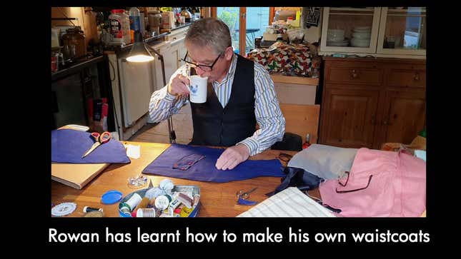 An image of Rowan at home with yards of fabric and the caption, "Rowan has learnt how to make his own waistcoats"