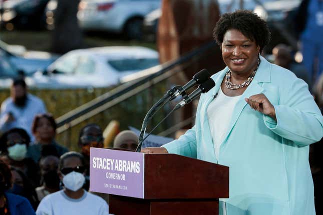 Georgia gubernatorial Democratic candidate Stacey Abrams speaks during a campaign rally on March 14, 2022, in Atlanta, Georgia. Abrams is on a weeklong tour of cities in Georgia after qualifying last week to run again for governor and currently has no opponent for the Democratic nomination.