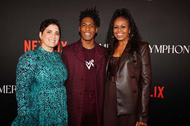 NEW ORLEANS, LOUISIANA - DECEMBER 07: (L-R) Suleika Jaouad, Jon Batiste, and Michelle Obama attend the American Symphony New Orleans Premiere on December 07, 2023 in New Orleans, Louisiana. 