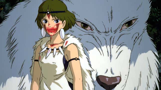 Princess Mononoke stands next to a wolf.