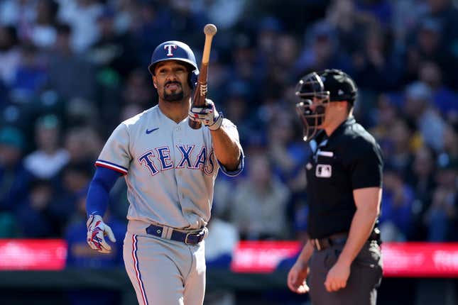 SEATTLE, WASHINGTON - OCTOBER 01: Marcus Semien #2 of the Texas Rangers strikes out during the sixth inning Mariners at T-Mobile Park on October 01, 2023 in Seattle, Washington. (Photo by Steph Chambers/Getty Images)