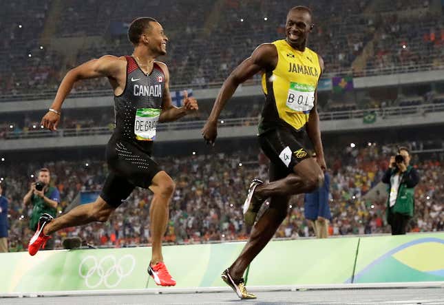 Canada's Andre De Grasse, left, and Jamaica's Usain Bolt