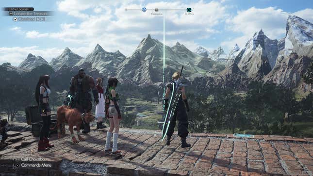 Cloud and the party look out at a vista with the game set to graphics mode.