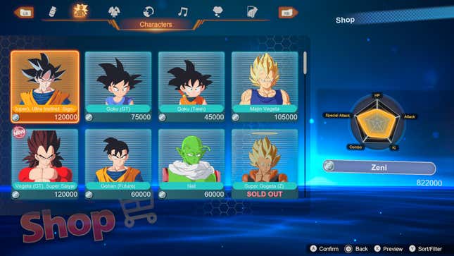 The Shop menu, showing eight potential characters to purchase.