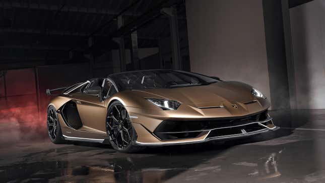 A photo of a brown Lamborghini Aventador convertible supercar. 