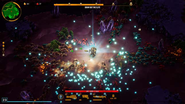 A screenshot shows a dwarf in the game surrounded by enemies and XP. 