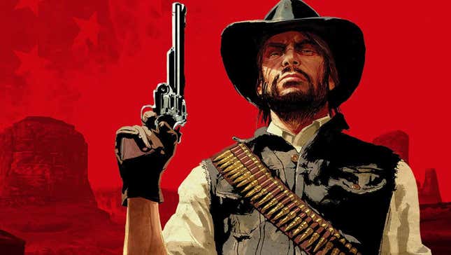 Art shows a man holding a revolver in Red Dead Redemption 1. 