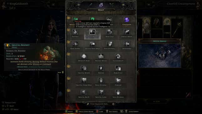 A menu shows the Skeletal Arsonist skill in Path of Exile 2.