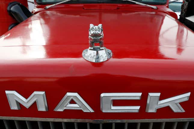 FILE - The bulldog hood ornament is seen on a used Mack truck that is available at a lot in Evans City, Pa., Jan. 9, 2020. The United Auto Workers union has reached a tentative contract agreement with Mack Trucks that covers about 4,000 workers in three states. Mack Trucks confirmed a tentative agreement on a five-year contract early Monday, Oct. 12, 2023 after the UAW announced the deal just before midnight Sunday. (AP Photo/Keith Srakocic, file)