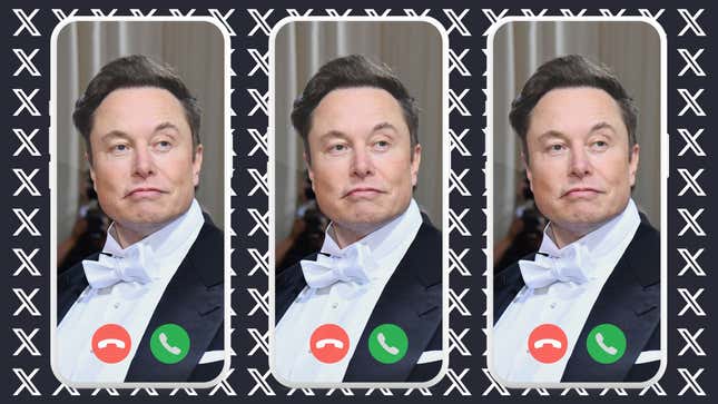 An illustration of X's calling feature. Elon Musk's face is shown on a phone screen.