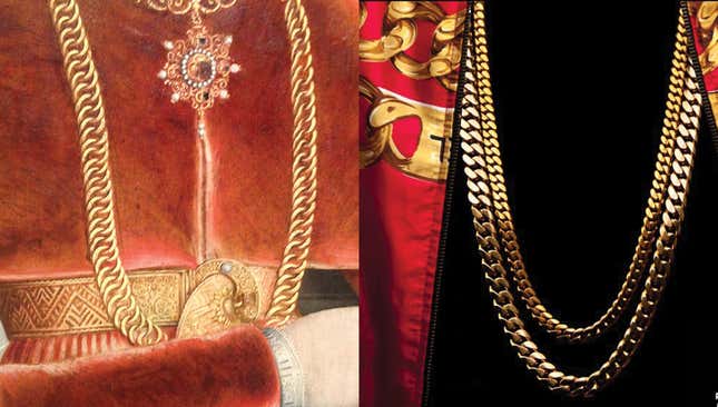 Left: detail of Christ Blessing surrounded by a Donor Family.Unknown German Painter 1560. Right: 2 Chainz