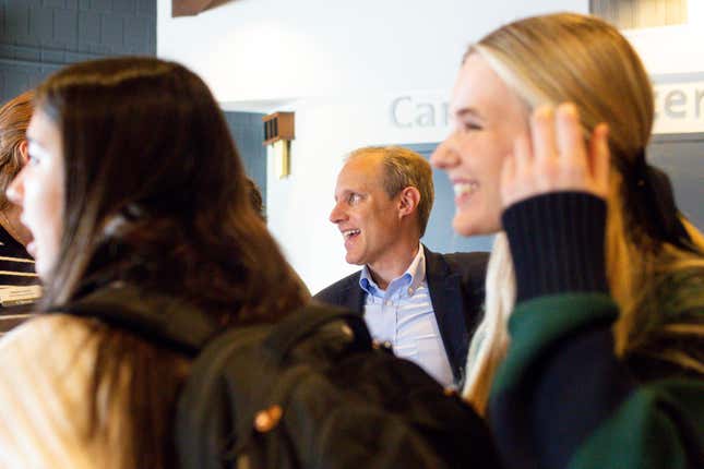 Minnesota Secretary of State Steve Simon talks to students after a Q&amp;A with members of Voterama, a student group focused on voter advocacy and awareness at Breck School in Golden Valley, Minn. Friday, Dec. 1, 2023. (AP Photo/Nicole Neri)