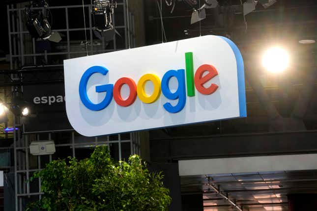 FILE - The Google logo is seen at the Vivatech show in Paris in Paris, France, Wednesday, June 14, 2023. France&#39;s competition watchdog hit Google on Wednesday March 20, 2024 with another big fine in settling a long-running dispute centered on payments to French publishers for their news. (AP Photo/Thibault Camus, File)